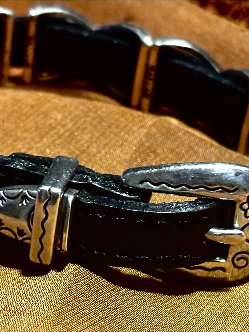 Black Leather Western-Style Bracelet with Sterling Silver Accents